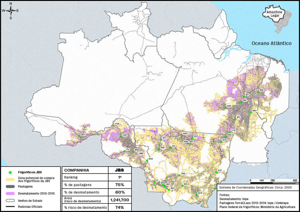 A produção da JBS e o desmatamento por região. 